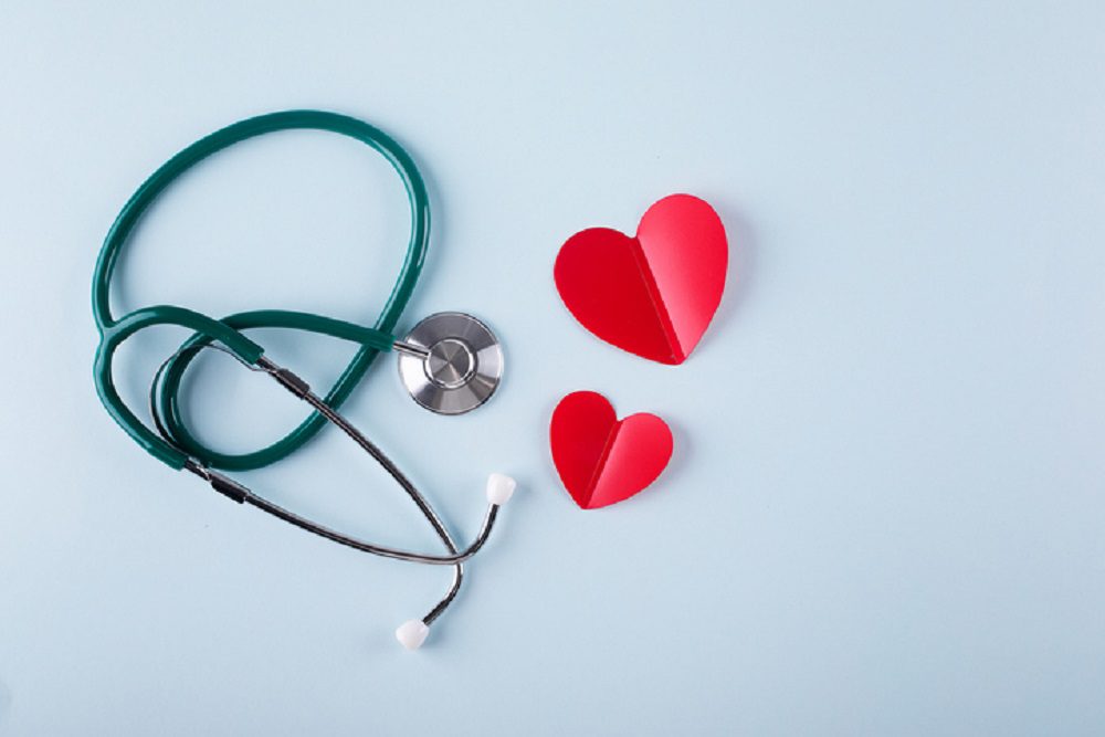 Nurses day Concept. Medical stethoscope, two red hearts. Healthcare medicine concept. Flat lay.