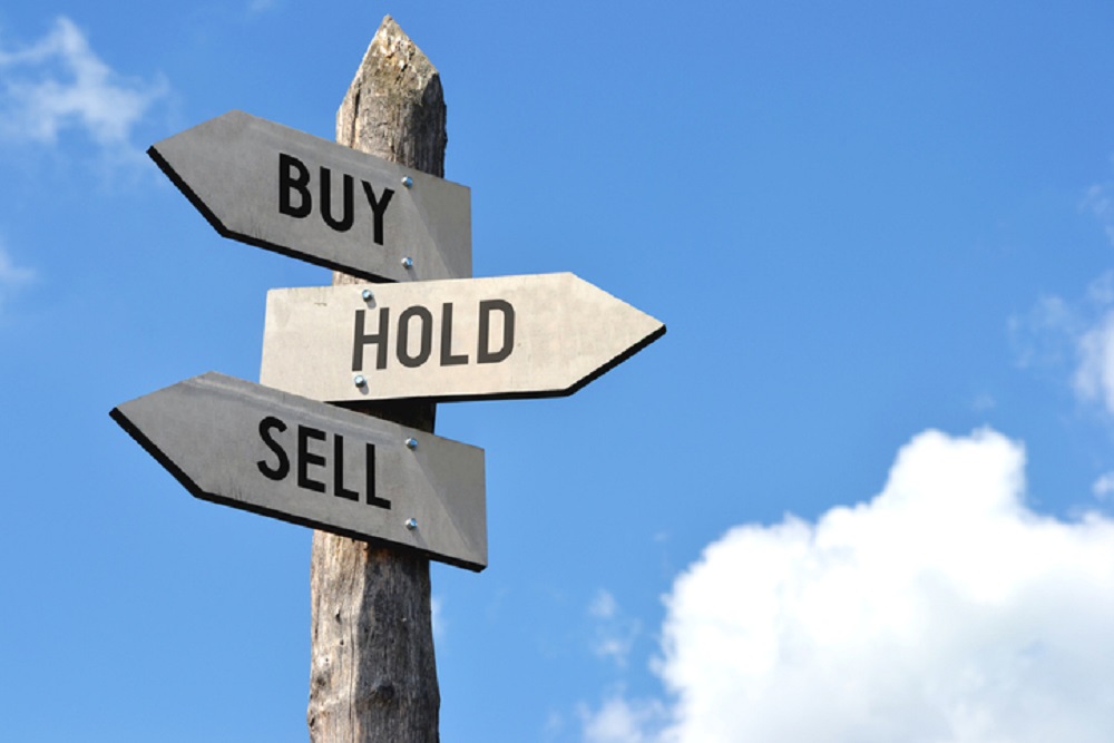 Wooden signpost - buy, hold, sell