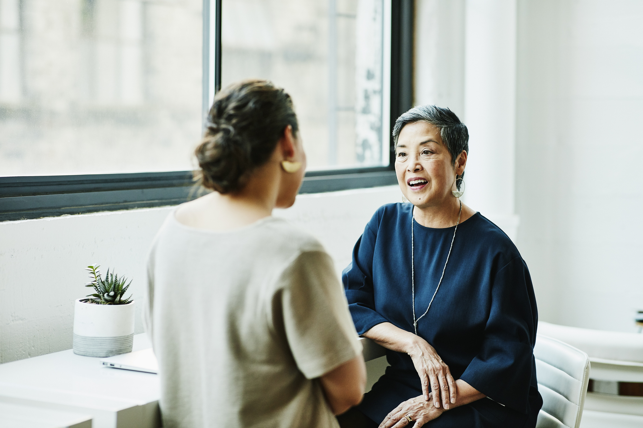Smiling senior businesswoman in discussion with client in office conference room