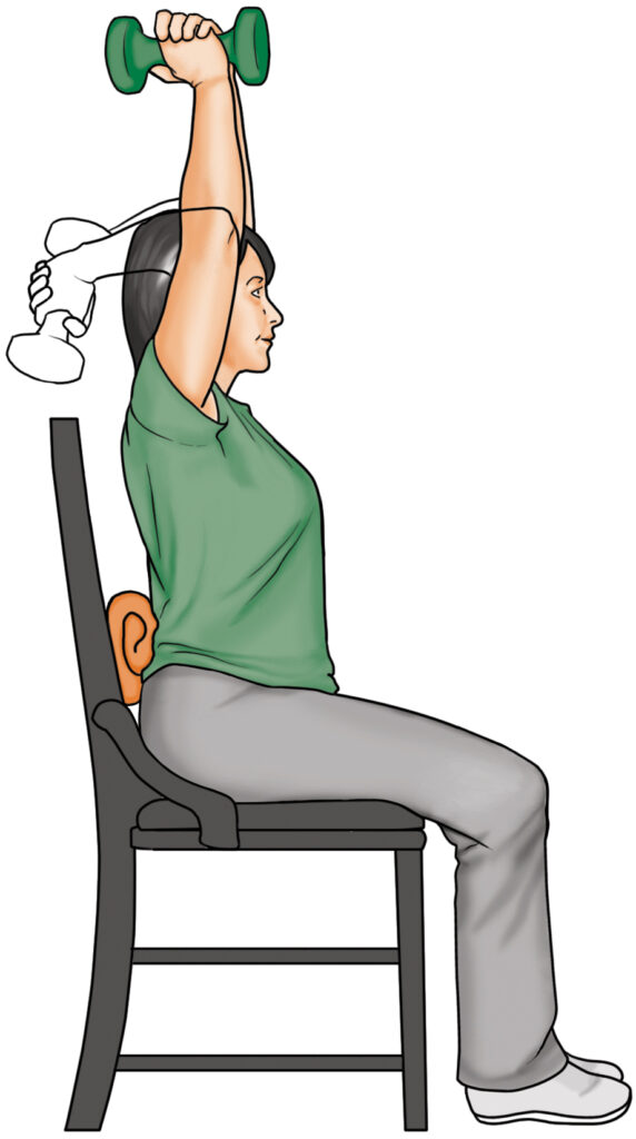 Diagram of an overhead tricep extension performed while seated on a dining room chair.