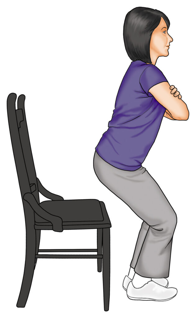 Diagram of a woman rising from a chair performing the exercise sit to stand.