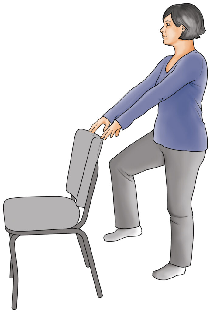 A diagram of a woman marching in place using a chair to ensure she remains steady.