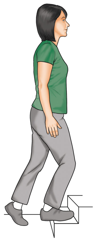 A diagram of a woman performing a step up exercise using a set of shallow steps.