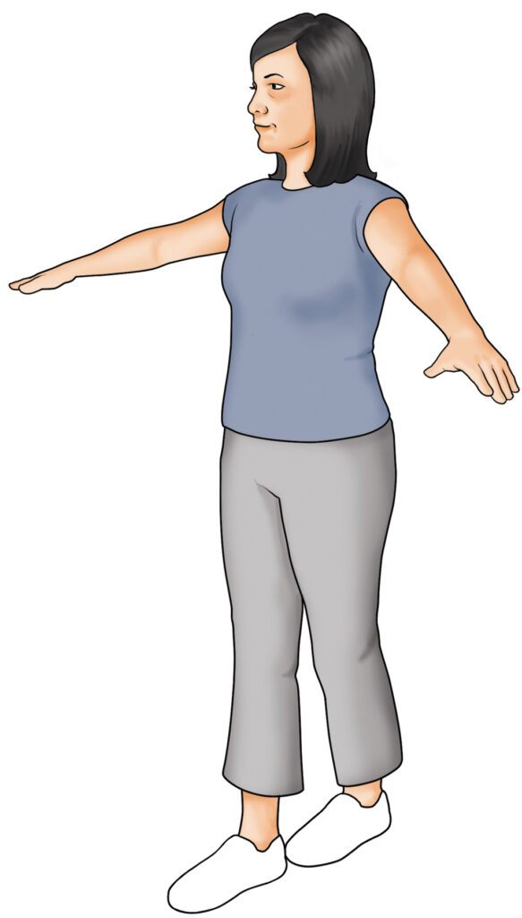 A diagram of a woman performing a balance exercise "tandem walking." She has her feet in a straight line with the following foot's toe directly against the preceding foots heel and her arms are outstretched.