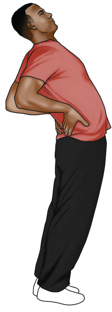 A diagram of a man exercising his back for flexibility by placing his hands palms against the small of his back and pulling his shoulders back until full extension.