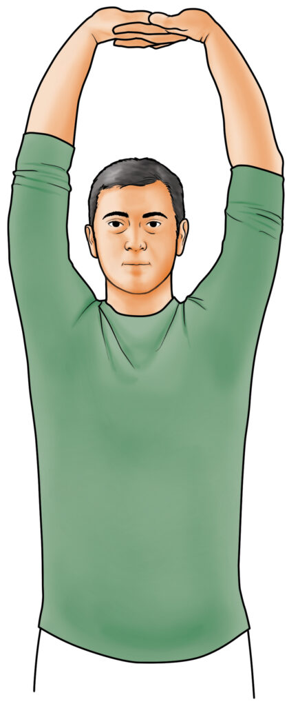 A diagram of a man exercising his back by interlacing his fingers and pushing them towards full extension above the crown of his head.