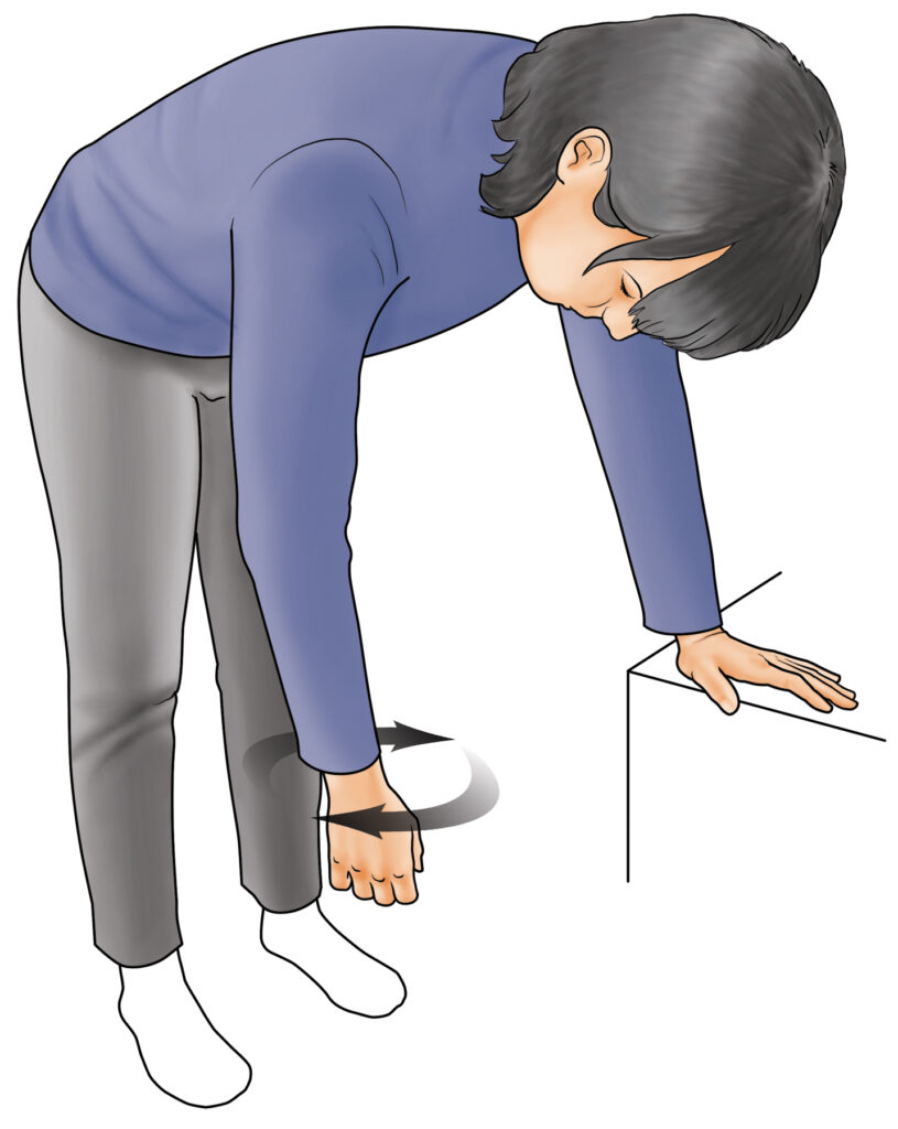 A diagram of a woman leaning with one hand against an object with her torso parallel with the floor. Her free hand is being rotated in a circle below her torso.